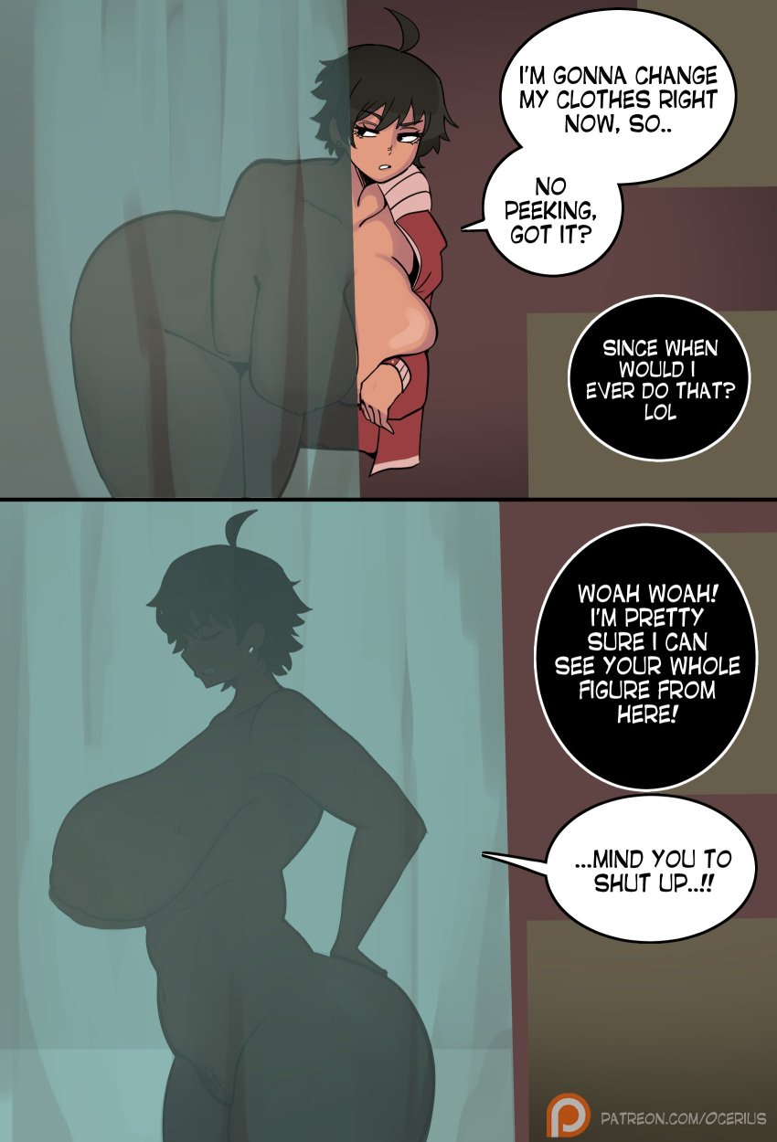 1girls dialogue female female_only gigantic_breasts huge_ass huge_breasts human naoki_hanna ocerius text tomboy undressing voluptuous wide_hips