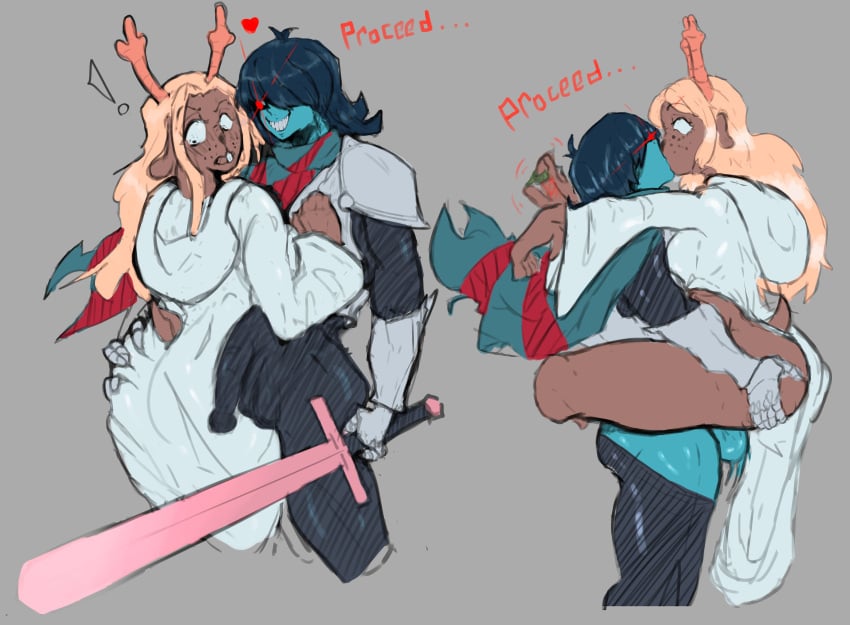 ankles big_sword blonde_hair dark_world deer deer_girl deltarune deltarune_chapter_2 erection erection_under_clothes grabbing_ass kissing kissing_while_penetrated kris_(deltarune) noelle_holiday proceed ratguy ring scared snowgrave stand_and_carry_position standing_sex sword undertale_(series)