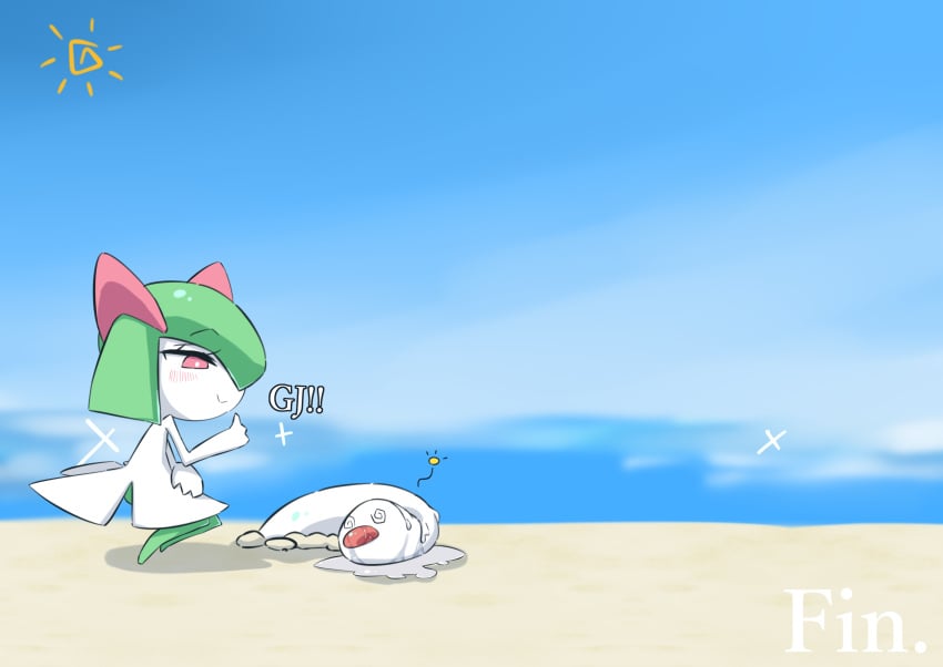 @_@ bangs beach blue_background blue_sky blurry blurry_background bright_pupils closed_mouth colored_skin commentary_request day english_text female flat_chest french_text from_side full_body green_hair green_skin hair_over_one_eye half-closed_eyes hand_up happy highres horizon kirlia looking_at_another looking_down m3_(gardevoir_m3) mixed-language_text multicolored_skin no_humans ocean one_eye_covered outdoors pokemon pokemon_(species) pussy_juice red_eyes sand short_hair sidelocks sky smile sparkle squatting sun thumbs_up translated two-tone_skin white_pupils white_skin wiglett