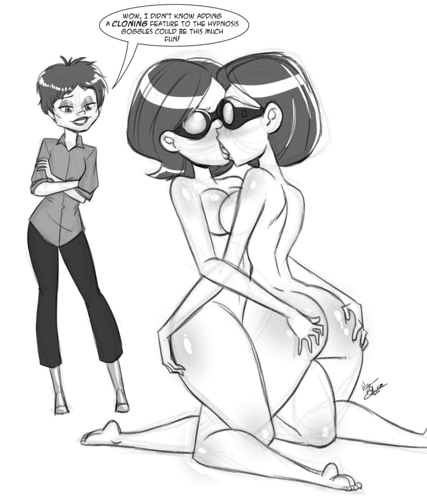 3girls aeolus06 clones disney dual_persona elastigirl english_text evelyn_deavor female female_only goggles helen_parr kissing mind_control monochrome multiple_girls pixar rough_sketch screenslaver selfcest smooth_skin tech_control text the_incredibles the_incredibles_2 tinted_eyewear yuri