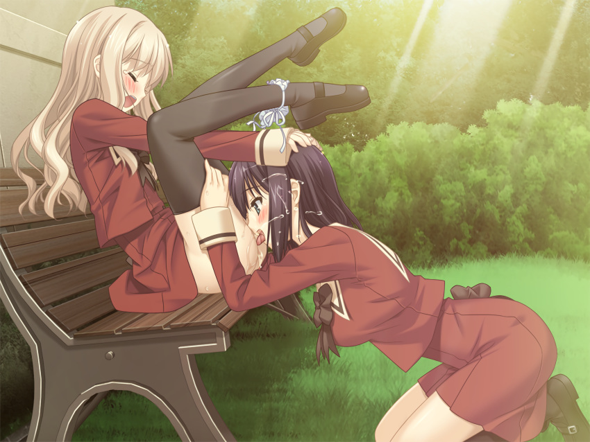 2girls ass bench black_hair blonde_hair blush couple cunnilingus fuguriya game_cg kawamura_reo licking moaning multiple_girls official_art open_mouth oral panties peko pussy pussy_juice sawaguchi_mai school_uniform sitting sono_hanabira_ni_kuchizuke_wo squirt stockings thighs trees uncensored underwear uniform yuri