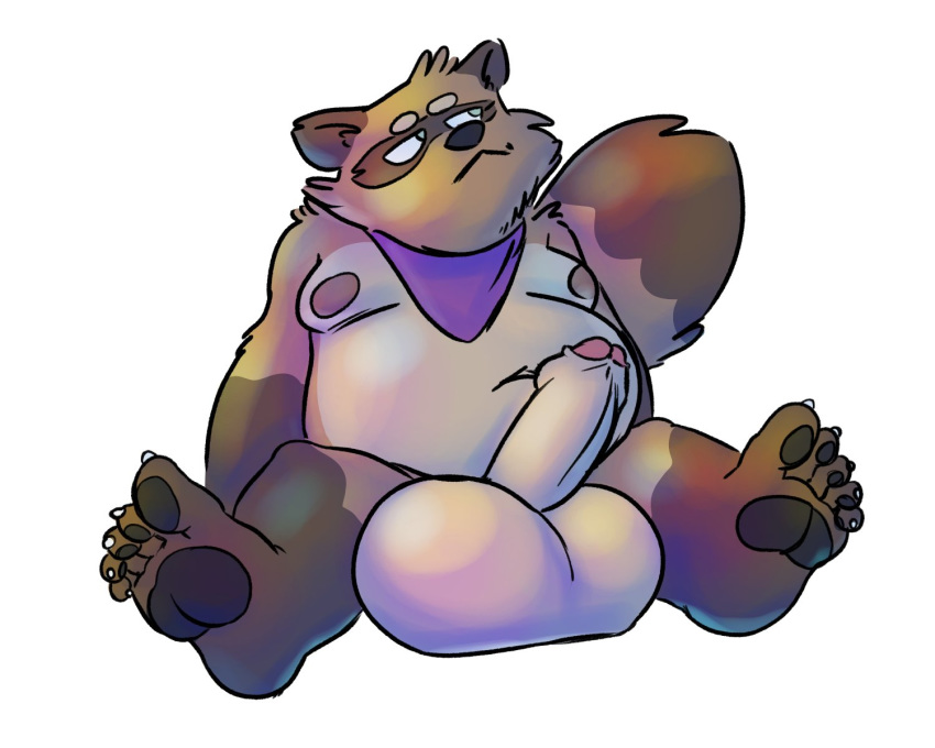 2018 anthro balls belly big_balls canine erection huge_balls humanoid_hands hyper hyper_balls male male_only mammal moobs navel nipples overweight overweight_male penis simple_background sitting solo tanuki toynuke white_background