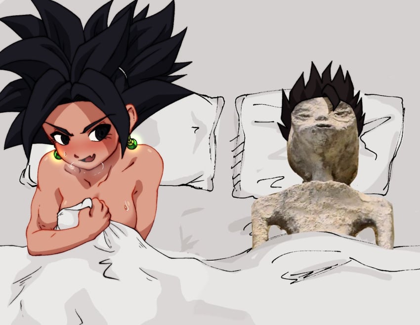 1boy 1girls after_sex bed big_breasts black_eyes black_hair breasts cabba dominant_female dragon_ball dragon_ball_super drained exhausted female ftw_arts fusion guy_tired_after_sex_(meme) kefla large_breasts male male/female meme mexico_alien muscular muscular_female potara_earrings saiyan smug straight sweat