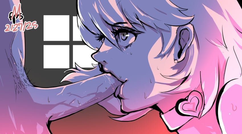 1boy 1girls 2025 atlus choker dated fellatio female fpunsamm male monochrome open_mouth oral penis persona persona_3 sex short_hair yukari_takeba