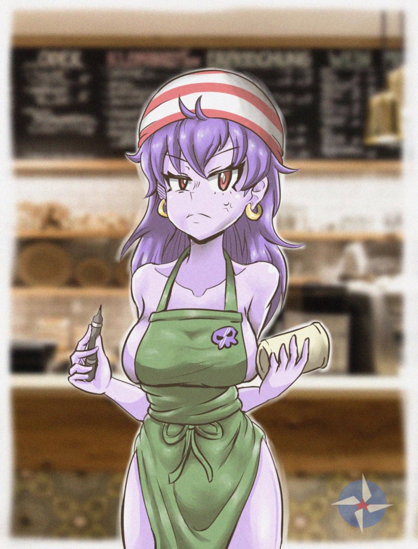 1girls apron apron_only female female_only looking_at_viewer purple_hair purple_skin red_eyes risky_boots shantae