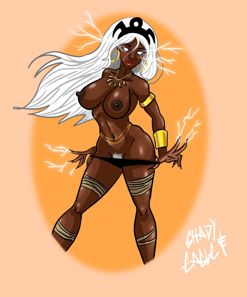 1girls african african_female breasts dark-skinned_female dark_skin earrings female marvel necklace nipples panties panties_down pubic_hair pussy shadyeagleart solo storm_(x-men) white_hair x-men