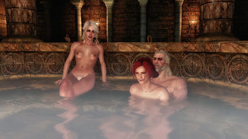 1boy 2girls 3d areolae bath bathhouse breasts cd_projekt_red ciri cuckquean geralt_of_rivia green_eyes left_out looking_at_partner looking_down nipples pubic_hair red_hair scar sitting_on_lap the_witcher the_witcher_(series) the_witcher_2 the_witcher_3:_wild_hunt triss_merigold watching white_hair xpsfm yellow_eyes