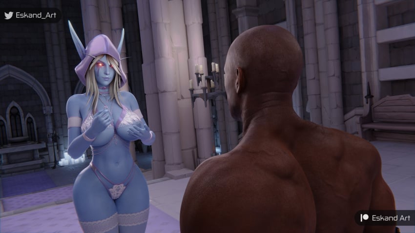 1boy 1girls 3d big_ass big_breasts blizzard_entertainment blonde_hair blue_skin dark-skinned_male dark_skin eskandart female human male stockings sylvanas_windrunner thick_thighs undead undead_(warcraft) voluptuous voluptuous_female warcraft wide_hips world_of_warcraft