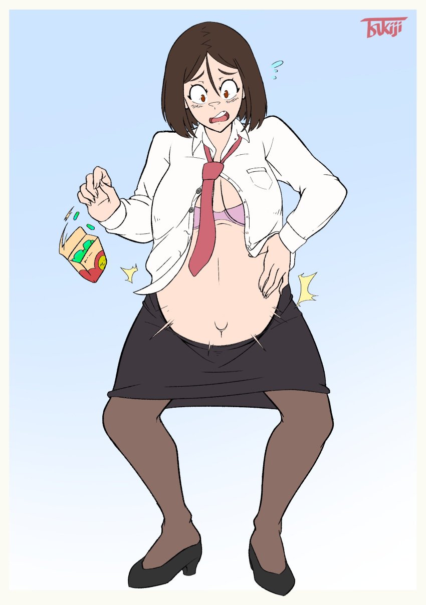 1girls belly_expansion big_belly bloated_belly blush bra brown_eyes brown_hair cleavage clothed clothing confusion female female_only fetal_movement high_heels navel outie_navel pregnant rapid_pregnancy skirt stockings surprised tie tsukiji wardrobe_malfunction