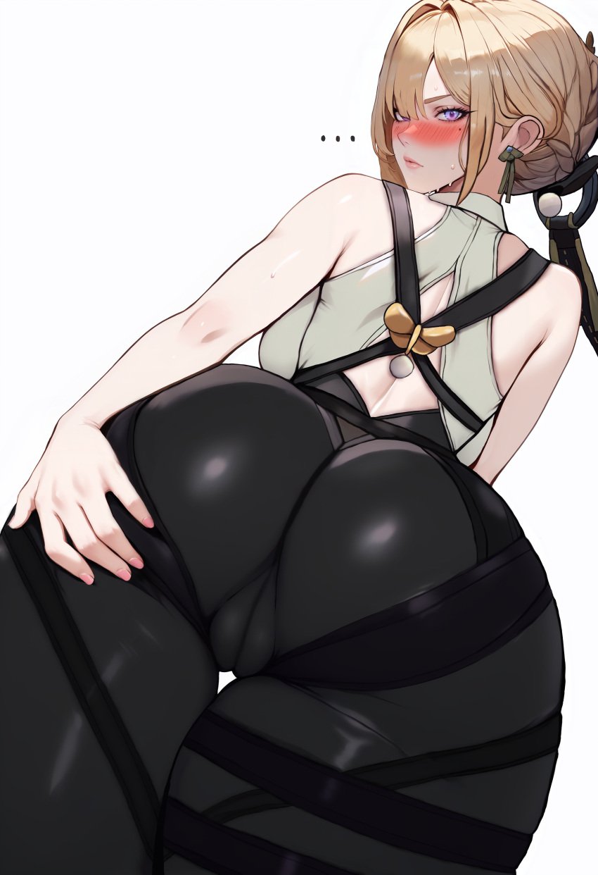 ... 1girls ai_assisted ai_generated ass ass_focus ass_grab back bare_shoulders black_pants blonde_hair blush cameltoe earrings evelyn_chevalier female from_behind hair_bun hikkaria hoyoverse leather_pants looking_at_viewer looking_back mihoyo mole_under_eye purple_eyes solo sweat zenless_zone_zero