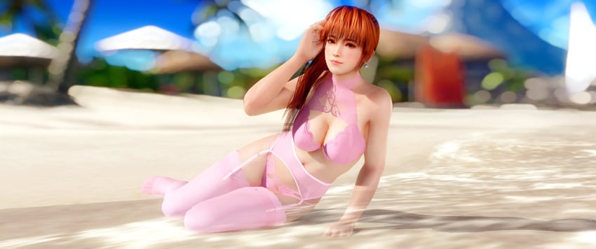 1girls 3d 3d_(artwork) 3d_model 3d_render artist_name asian beach bra brown_eyes cleavage dead_or_alive earrings female_only fit_female garter_belt garter_straps ginger ginger_hair highres in_water jewelry kasumi_(doa) laying_on_sand lingerie lingerie_only looking_at_viewer on_sand orange_hair panties pink_lingerie pinup posing posing_for_the_viewer red_hair sitting_on_sand stockings thighhighs xasumil