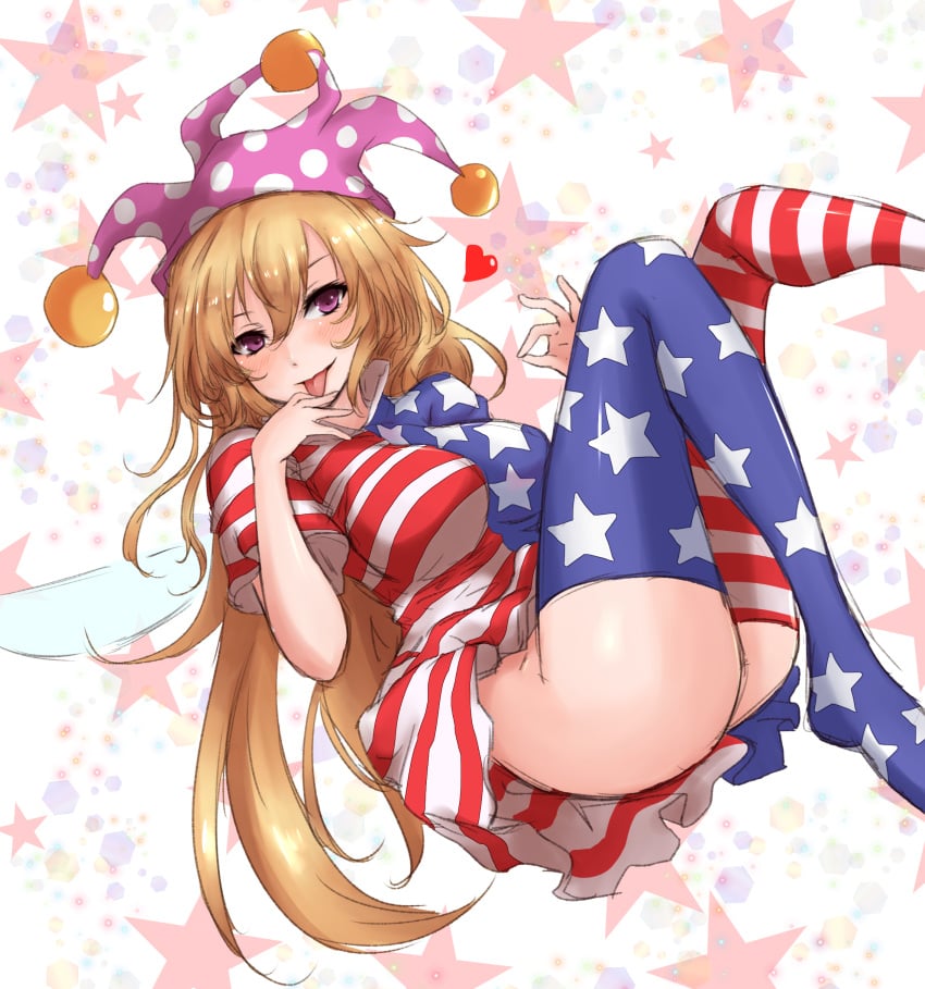 1girls amagi_(amagi626) american_flag american_flag_legwear ass ass_focus big_ass blonde_hair breasts clownpiece curvy fairy fairy_wings heart_symbol jester_hat large_ass large_breasts long_hair ok_sign purple_eyes solo thick_thighs thighhighs thighs tongue tongue_out touhou wings