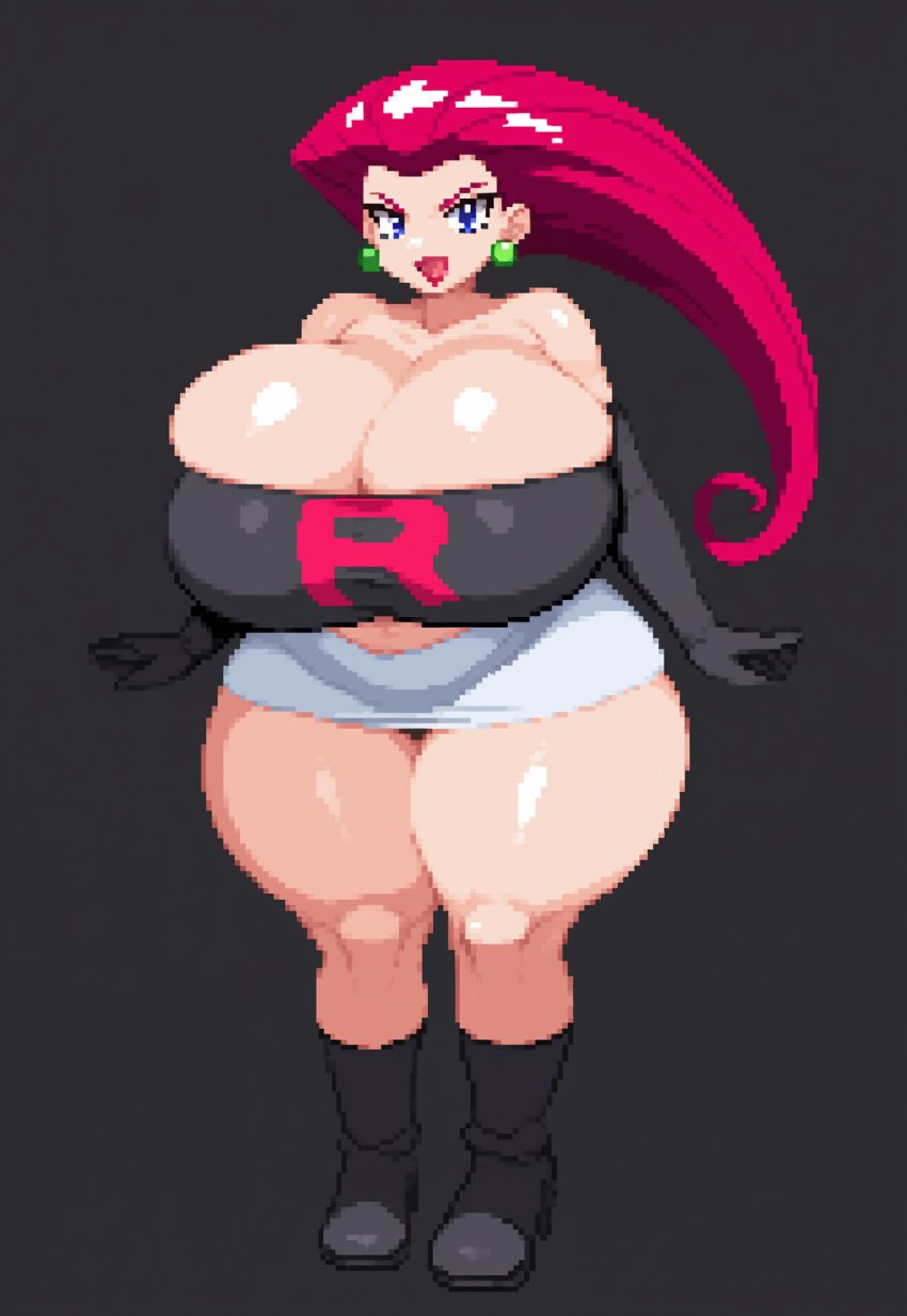 ai_generated big_ass big_breasts bursting_breasts cleavage gigantic_ass gigantic_breasts huge_ass huge_breasts jessie_(pokemon) lipstick lubbasdump magenta_hair miniskirt pixel_art pokemon team_rocket thick_thighs wide_hips