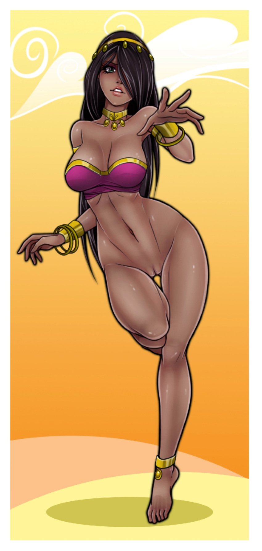 1girls arabian arabian_clothes bare_shoulders barefoot belly big_breasts black_hair bracelet breasts choker cleavage covered_breasts danny_phantom dark-skinned_female dark_skin desiree desiree_(human) feet female female_only genie hair_ornament hairband harem_outfit high_resolution hips human jago_dibuja jewelry large_breasts legs long_hair midriff navel nickelodeon nipples pussy solo tagme thighs toes topless vagina