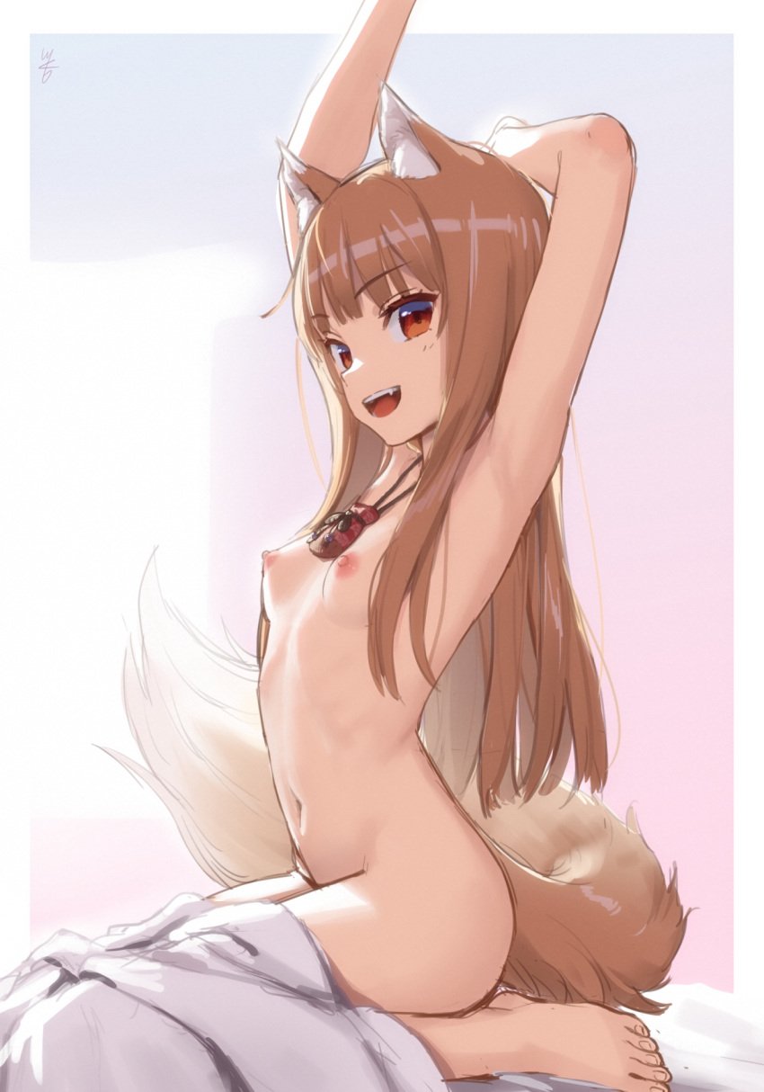 bed bedding blanket breasts female fox_ears fox_tail furniture happy hi_res holo_(spice_and_wolf) human human_focus kawakami_rokkaku mammal nude on_bed red_eyes skinny skinny_female small_breasts smile smiley_face solo spice_and_wolf tail teeth wolf_ears