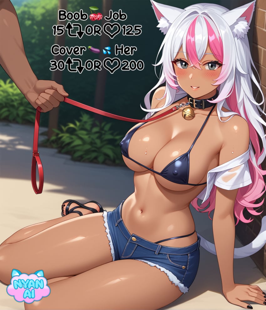 2d ai_assisted ai_generated ai_girl athletic beach bell bell_collar belly belly_button big_breasts bikini bikini_bottom bikini_top black_bikini black_bikini_bottom black_bikini_top black_eyes bra breasts breasts breasts cat_ears cat_girl catgirl cleavage collar cosplay curvy_female cut_jeans dark_skin denim denim_shorts female female_focus fit_female front_view g_string girl hair huge_breasts humanoid kneeling_female leash long_hair male mature_female mature_woman micro_bikini micro_bikini_bottom micro_bikini_top midriff neko nekomimi nipple_bulge nyan_ai nyanai outfit pink_hair pose sand sandals sfw shiny_skin short_shorts shorts tan tan_skin tanned tanned_skin text thick_thighs water watermark wearing_leash white_hair words