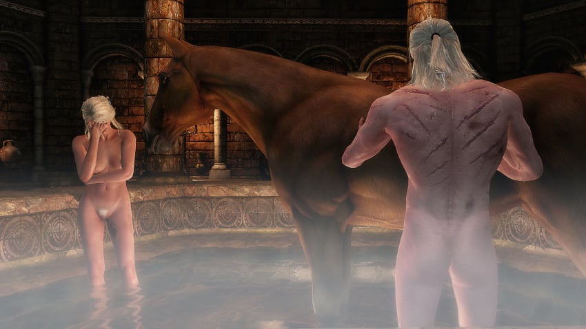 1boy 3d areolae ass bath bathhouse breasts cd_projekt_red ciri facepalm female geralt_of_rivia horse pubic_hair scar standing tattoo the_witcher the_witcher_(series) the_witcher_2 the_witcher_3:_wild_hunt vagina white_hair xpsfm