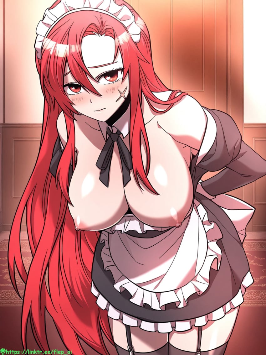 ai_generated breasts breasts_out garter_straps irina_philliard maid miniskirt nipples scar_on_face shy the_main_heroines_are_trying_to_kill_me webtoon webtoon_waifu