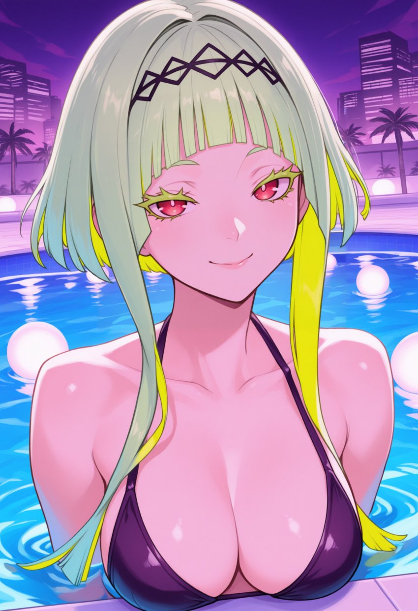 ai_generated breasts female female_only green_hair in_water medium_breasts multicolored_hair pool red_eyes ringo_(soul_hackers) seductive seductive_look smile soul_hackers_2 water