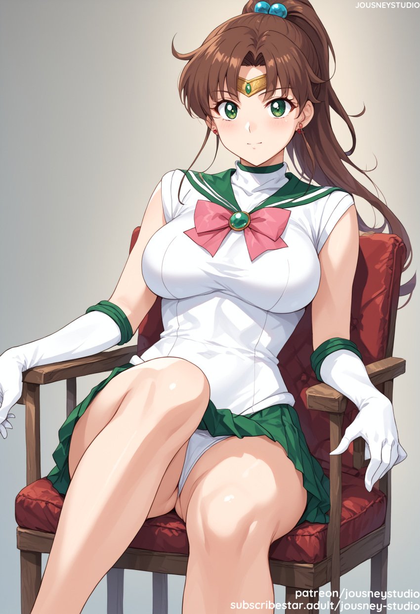 1girls ai_generated bangs bishoujo_senshi_sailor_moon blush bow breasts brown_hair chair choker circlet closed_mouth clothing earrings elbow_gloves female female_only gloves green_choker green_eyes green_sailor_collar green_skirt hair_bobbles hair_ornament high_ponytail highleg_leotard jewelry jousneystudio kino_makoto large_breasts leotard long_hair looking_at_viewer magical_girl makoto_kino miniskirt panchira pantsu pink_bow pleated_skirt ponytail sailor_collar sailor_jupiter sailor_moon_(series) sailor_senshi_uniform sitting skirt smile solo thighs tied_hair underwear uniform white_gloves white_leotard white_panties white_underwear