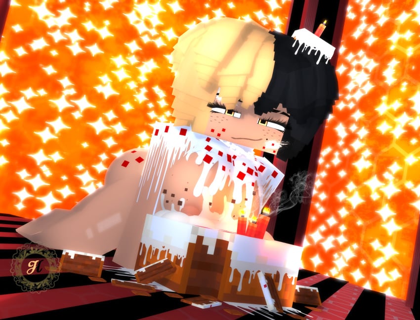 3d black_and_blonde_hair female honey_(theactualhoney) looking_at_viewer mine-imator minecraft theactualhoney