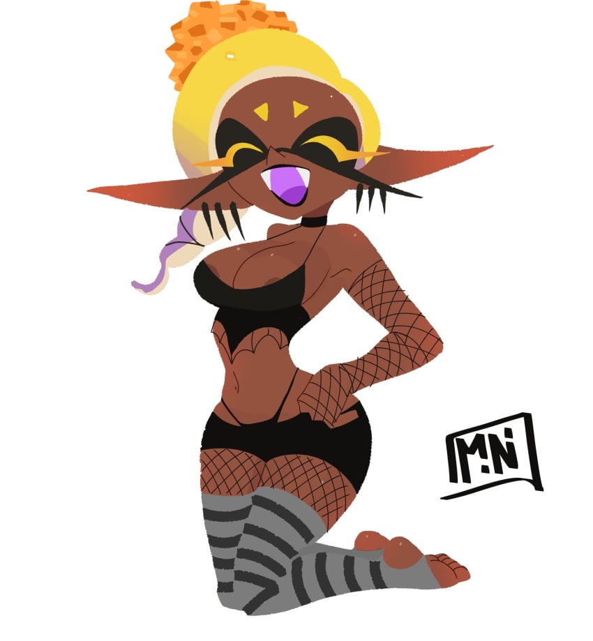 1girls 2d_(artwork) areola_peeking closed_eyes dark-skinned_female deep_cut_(splatoon) digital_drawing_(artwork) digital_media_(artwork) female female_focus female_only frye_(splatoon) frye_onaga goth goth_girl gothic hands_on_hips inkling kneeling mini_woomy nintendo smiling_at_viewer splatoon splatoon_(series) splatoon_3 watermark yellow_hair