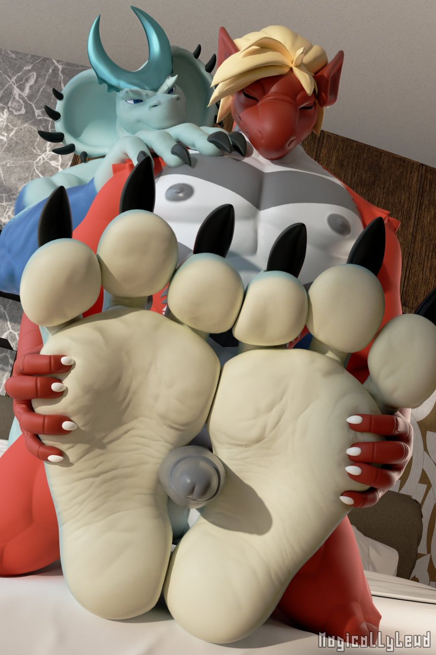 3_toes 3d anthro bed between_feet big_feet blue_body blue_scales digital_media_(artwork) dinosaur duo erection feet foot_fetish foot_focus foot_grab foot_play footjob furniture genitals hi_res huge_feet humanoid_genitalia humanoid_penis inside magicallylewd male male/male muscular muscular_male nipples penis prehistoric_species red_body red_scales reptile scales scalie sex size_difference soles toes white_body white_scales