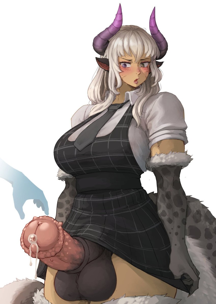 1futa alternate_version_available animal_genitalia animal_genitalia_on_humanoid astraea_(lunar_leopard) balls bangs big_breasts bottomless breasts clothed clothing disembodied_hand erection erection_under_skirt futa_only futanari horns huge_breasts huge_cock humanoid light-skinned_futanari light_skin long_hair mistimagi mostly_clothed oc penis skirt standing