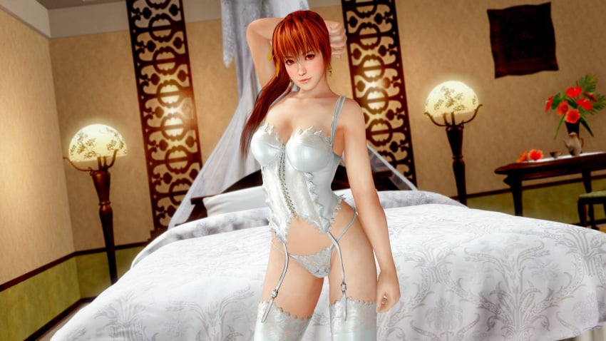 1girls 3d 3d_(artwork) 3d_model 3d_render artist_name asian bedroom brown_eyes cleavage corset dead_or_alive earrings female_only fit_female garter_straps ginger ginger_hair hair_ribbon highres jewelry kasumi_(doa) lace-trimmed_panties lace-trimmed_thighhighs lace_trim lingerie lingerie_only looking_at_viewer one_arm_up orange_hair panties ponytail posing posing_for_the_viewer red_hair ribbon seductive stockings thighhighs white_corset white_lingerie xasumil