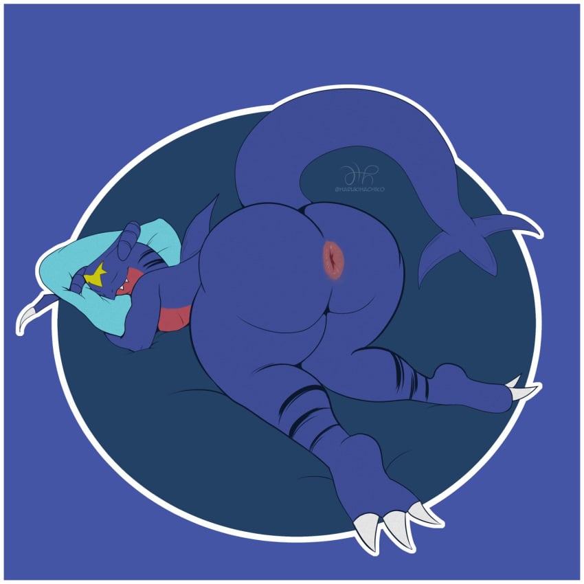 anthro anus ass ass_up big_butt butt_focus claws garchomp generation_4_pokemon harukiwolf hi_res male nintendo nude pillow pokemon pokemon_(species) raised_tail sleeping solo tail thick_thighs