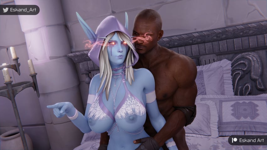 1boy 1girls 3d big_ass big_breasts blizzard_entertainment blonde_hair blue_skin dark-skinned_male dark_skin eskandart female human male sylvanas_windrunner thick_thighs undead undead_(warcraft) voluptuous voluptuous_female warcraft wide_hips world_of_warcraft