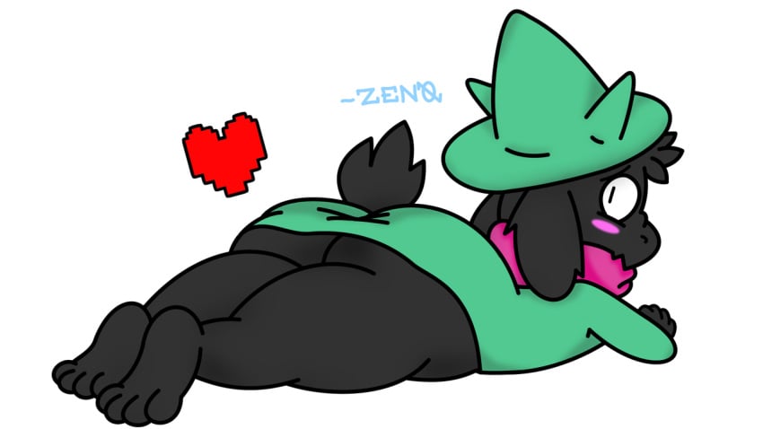 big_ass big_butt black_fur blush clothes deltarune ear_tuft embarrassed exposed_ass feet fur furry furry_only goat hat heart horns laying_down male male_only on_stomach presenting presenting_hindquarters ralsei scarf tail tail_tuft zen0_33