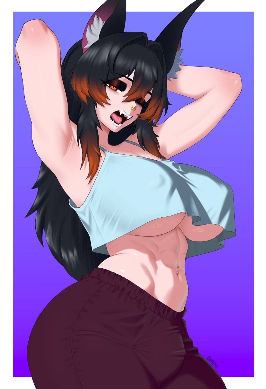 1futa abs armpits bat bat_ears belly_piercing bimpo black_hair bulge clothed clothing crop_top drawing exposed_midriff fangs futa_only futanari highlights_hairs looking_at_viewer nose_piercing oc one_eye_closed pajamas piercing simple_background solo solo_focus solo_futa tagme underboob yawning
