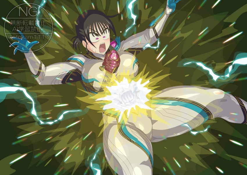 kamen_rider kamen_rider_zeztz_(series) tokusatsu otokam1117 kureha_miyamoto miyamoto_kureha lord_six agent_six_(kamen_rider_zeztz) bodysuit black_hair pink_eyes gun weapon breasts thighs defeated defeated_female defeated_villainess 1girls solo_female