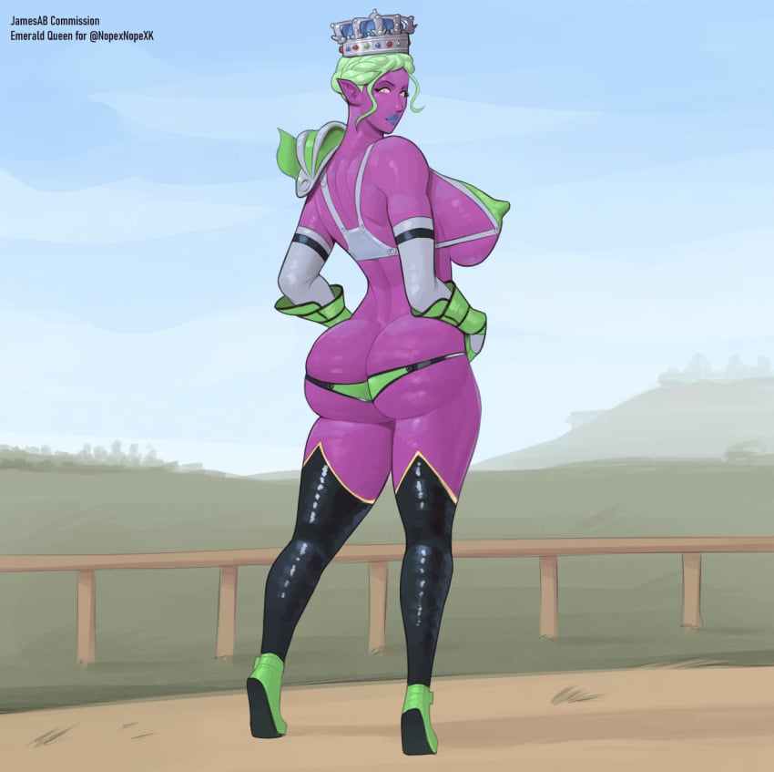 1girls 2023 armored_gloves big_ass big_breasts bikini_armor crown dark_elf elf_ears female from_behind green_eyes jamesab lipstick looking_at_viewer looking_back original_character purple_skin shoulder_armor sideboob solo solo_focus tanavira_verescura_the_emerald_queen(nopexnopexk) thighhighs yellow_eyes