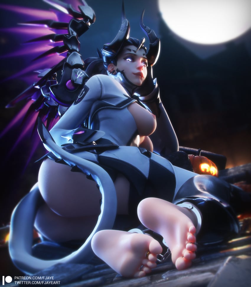 3d alternate_costume ankle_cuffs ass barefoot big_ass biting_lip blender breastless_clothes breasts breasts_out breasts_out_of_clothes demon demon_horns demon_tail demon_wings feet fjaye foot_fetish foot_focus glowing_eyes halloween halloween_costume horns imp_mercy looking_at_viewer looking_back medium_breasts mercy naughty_face overwatch smirk tail toe_ring toes