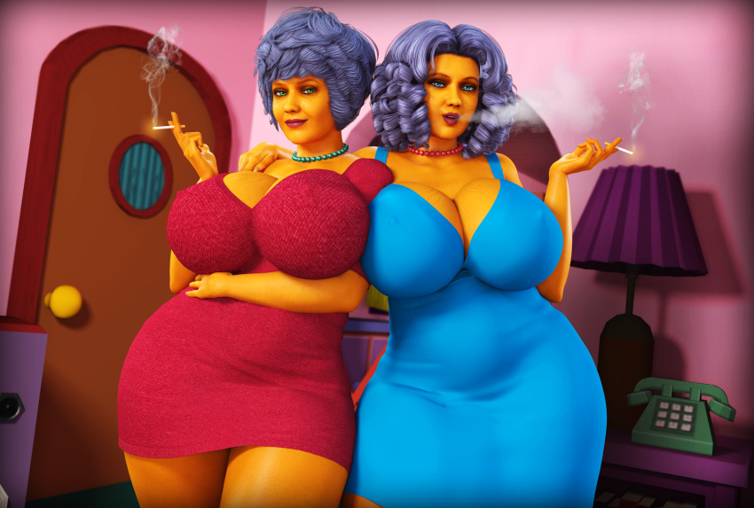 2girls 3d big_ass big_breasts blue_eyes cigarette female female_only freckles green_eyes grey_hair patty_bouvier rasmus-the-owl selma_bouvier siblings sisters smoking stretch_marks the_simpsons thick_thighs voluptuous