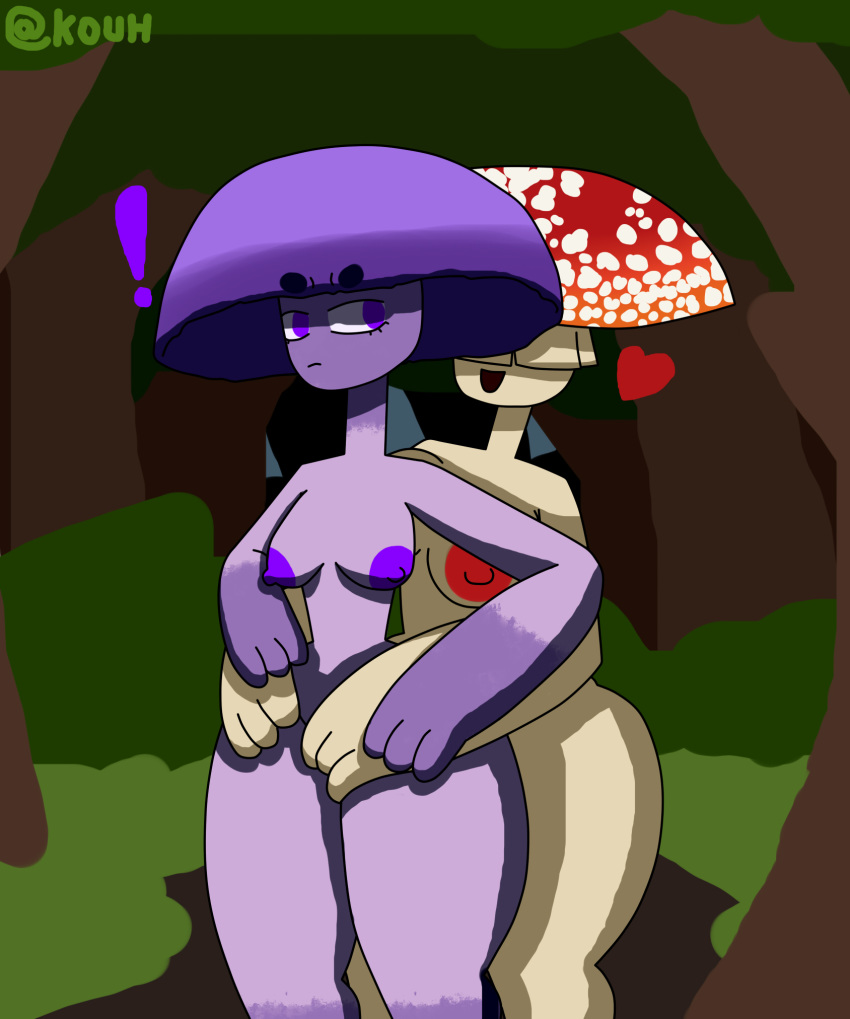 anthro ass breasts curvy_figure deiny_(kouh) detailed_background duo elemental_creature elemental_humanoid eyebrows female female/female fingers forest fungi_fauna fungi_humanoid fungus hi_res humanoid kouh multicolored_body mushroom mushroom_humanoid nipples nude open_mouth purple_body purple_eyes purple_skin sky smile thyz_(kouh) tree two_tone_body voluptuous white_body wide_hips yuri