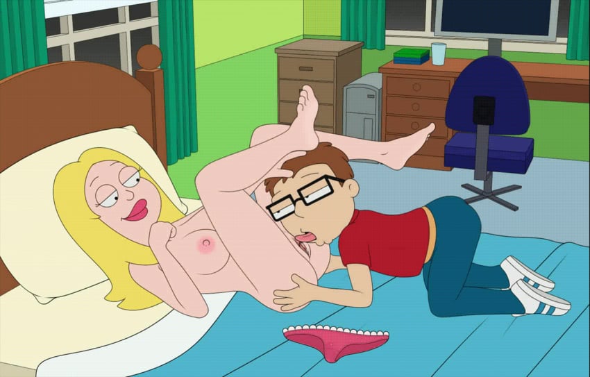 alpha_male american_dad animated barefoot bed bed_sheet bedroom blonde_hair breasts brown_hair clothes cаrtoon feet female fluids francine_smith glasses hand_on_head holding_legs legs_up licking long_hair male mother_and_son naked nipple oral original panties panties_removed pillow pleasure_face pussy saliva saliva_string sfan short_hair smiling steve_smith sеxy tongue tongue_out