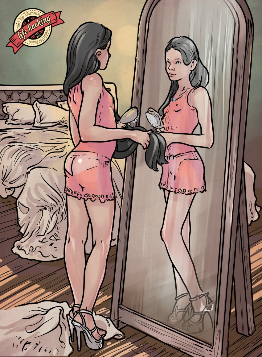 1girls alive bed black_eyes black_hair brush female leaning long_hair looking_in_mirror mad_aye mirror nipples_visible_through_clothing open_toe_shoes panties pillow pink_shirt see-through sideboob small_breasts solo standing white_bed_sheet white_high_heels