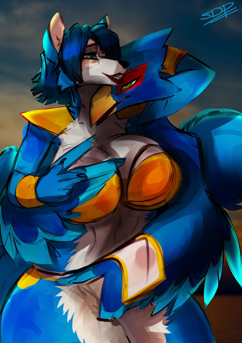 anthro avian big_breasts bird bra breasts canine clothing colored_sketch djpuppeh duo falco_lombardi falcon female finger_fuck fingering fox krystal makeup male mammal nintendo smile star_fox straight thick_thighs underwear vaginal_penetration video_games voluptuous