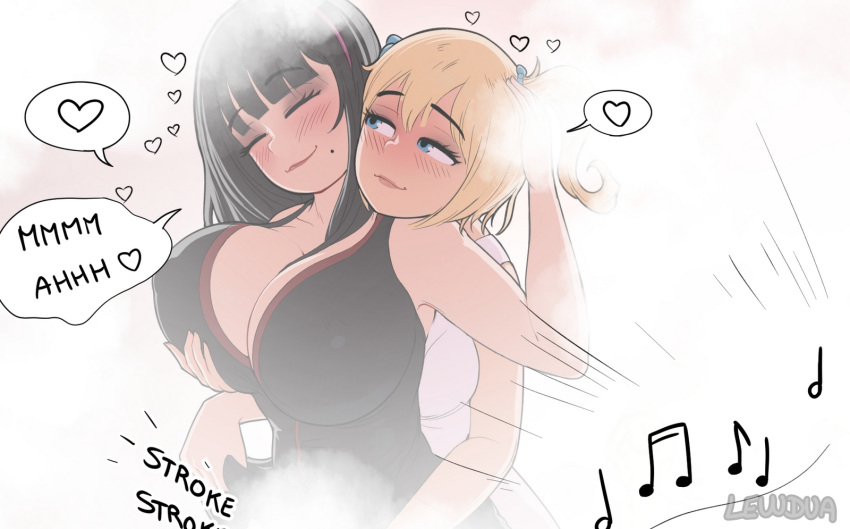 2futas alison_(lewdua) black_hair blonde_hair blue_eyes blush breast_grab breasts brown_hair closed_eyes clothing dress english_text futa_on_futa futanari handjob happy happy_sex intersex large_breasts lewdua long_hair masturbation mole mole_under_mouth nessie_(lewdua) original public smile speech_bubble stealth_sex text