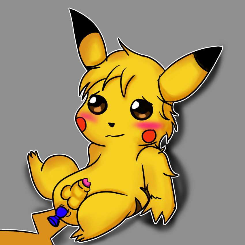 blush brown_eyes caritxxx cartoon furry furry_male gray_background no_background pikachu plug_in_ass pokemon self_upload sitting_on_floor small_balls small_dildo small_penis solo tagme yellow_fur