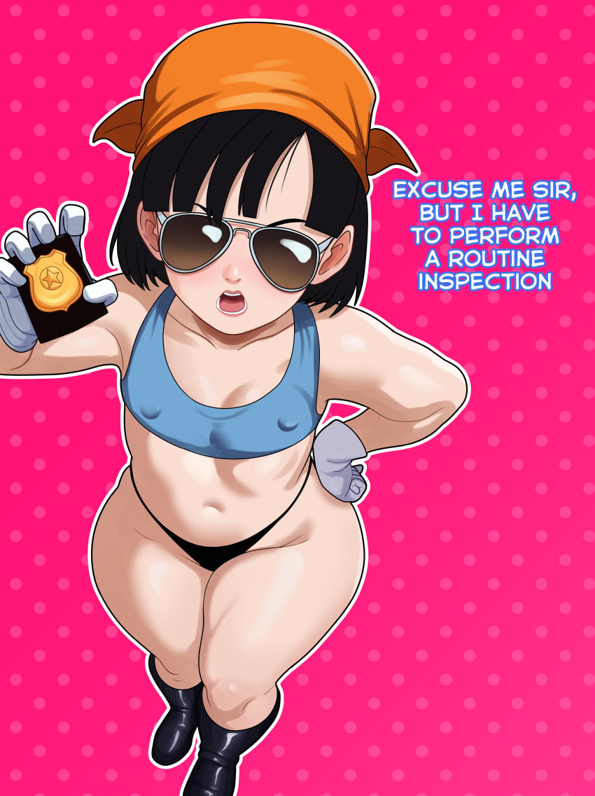 1girls aviator_sunglasses badge bandana black_hair bra dragon_ball dragon_ball_gt freshnsfw pan_(dragon_ball) police sunglasses tinted_eyewear underwear