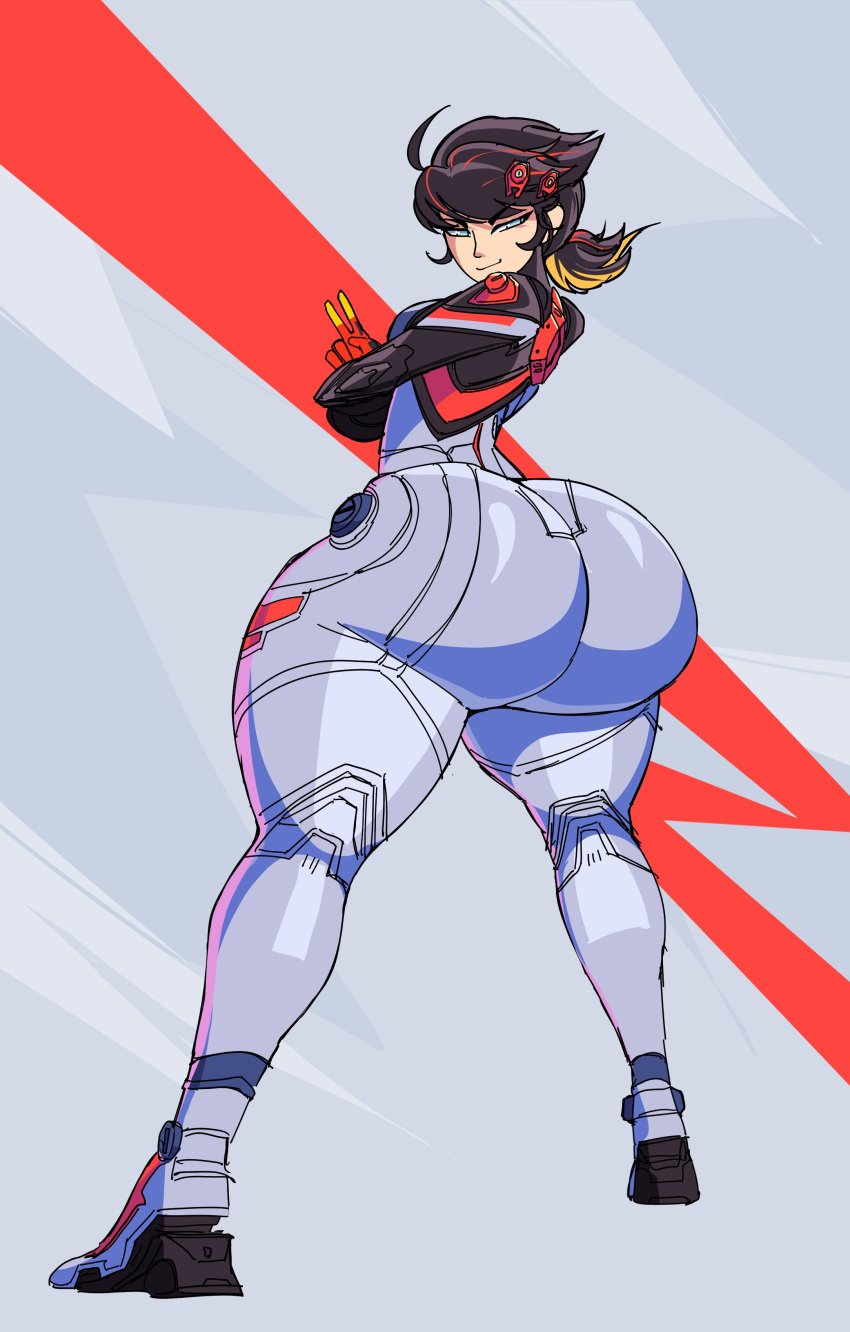 dotodonoto huge_ass peace_sign peni_parker peni_parker_(marvel_rivals) plugsuit small_waist thick_thighs v_sign wide_ass wide_hips