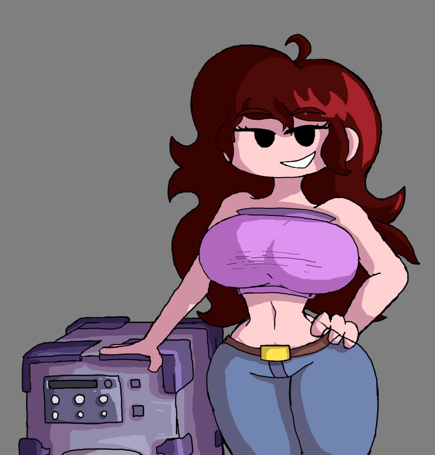 1girls belt belt_buckle big_breasts big_hips blue_jeans blue_pants boombox breasts brown_belt brown_hair brown_hair_female crimson_hair dark_hair demon demon_girl demon_humanoid female female female_only fnf fnf_mods forbidden_gf friday_night_funkin friday_night_funkin_mod girlfriend_(fnf) girlfriend_(friday_night_funkin) girlfriend_(mods) gray_background hand_on_hip hip_grab hips huge_breasts huge_hips humanoid pink_shirt short_shirt simple_background sleeveless_dress sleeveless_shirt white_skin white_skinned_female