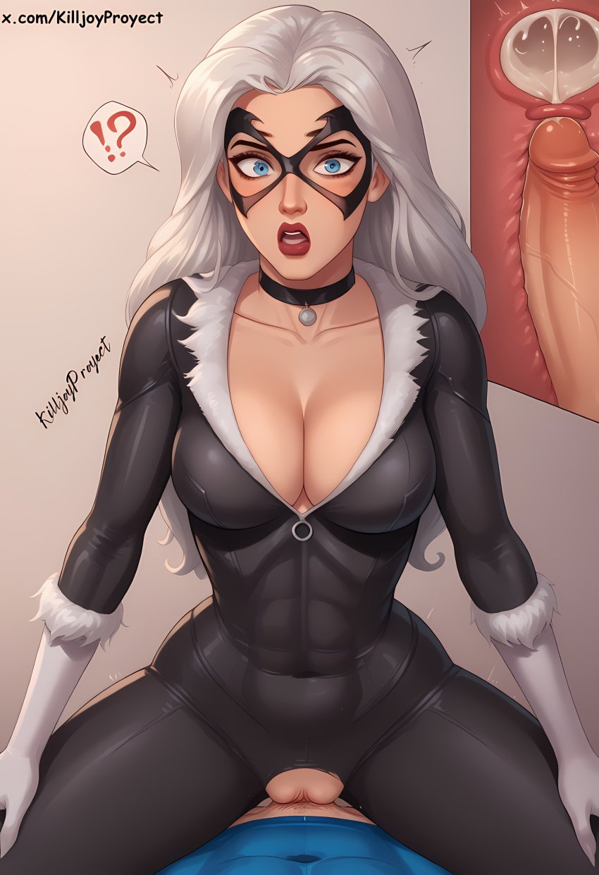 black_bodysuit black_cat_(marvel) black_choker bodysuit confused confusion cowgirl_position cum_in_pussy cum_inside felicia_hardy killjoyproject large_ass large_breasts large_hair marvel marvel_comics riding_penis spider-man_(series) torn_bodysuit torn_clothes white_hair x-ray