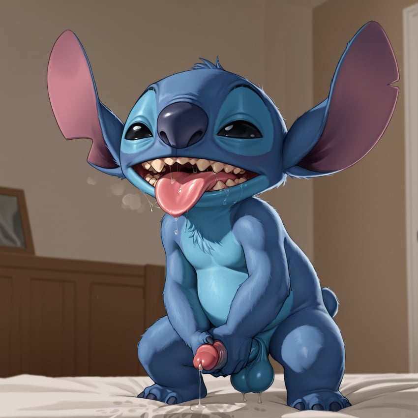 ai_generated alien balls bed drooling experiment_(lilo_and_stitch) lilo_and_stitch male masturbation panting penis precum solo stable_diffusion stitch tongue_out trueliamay