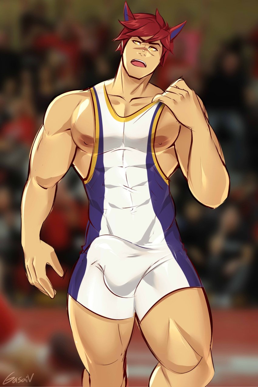 animal_ears bara_tiddies bulge bulge_through_clothing gasaiv gay huge_nipples male_only muscles muscular muscular_male pectorals sett solo_male wrestler wrestling_outfit wrestling_singlet