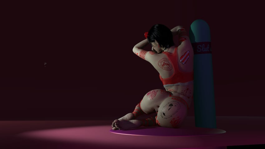 ada_wong ass ass_focus back_view barefeet barefoot big_ass bikini black_hair black_nails bleached bleached_clothing bleaching_pov body_writing breasts breasts_out butt_focus choker collar curvy curvy_female curvy_figure earrings feet female heart_earrings heart_glasses heart_sunglasses hoop_earrings lingerie looking_at_viewer nipples_visible_through_clothing painted_nails pinup pole pose posing qoh queen_of_hearts queen_of_hearts_earrings queen_of_hearts_necklace queen_of_hearts_tattoo red_lingerie red_sunglasses resident_evil resident_evil_4 ripped_clothing round_ass round_butt seductive shiny_skin short_hair sitting smile soles solo sports_bra sweat tagme tattoos tattoos_everywhere wet_skin
